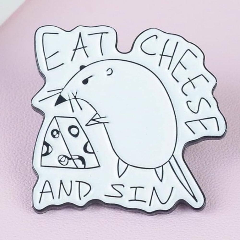 Eat Cheese and Sin Enamel Pin - White Mouse with Cheese